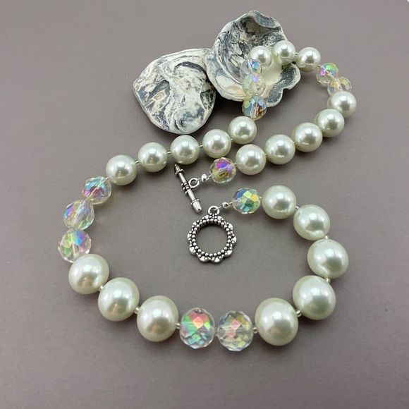 Swarovski White Crystal Pearl & Vtg Aurora Borealis Crystal Necklace & Earrings - Picture 12 of 15